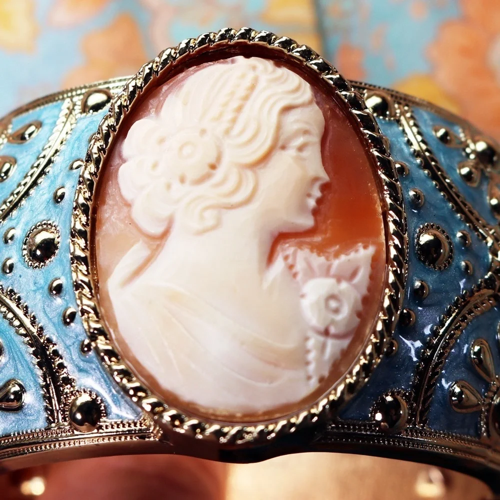 Amedeo Hand Carved Cameo Satin Blue Cuff Bracelet
